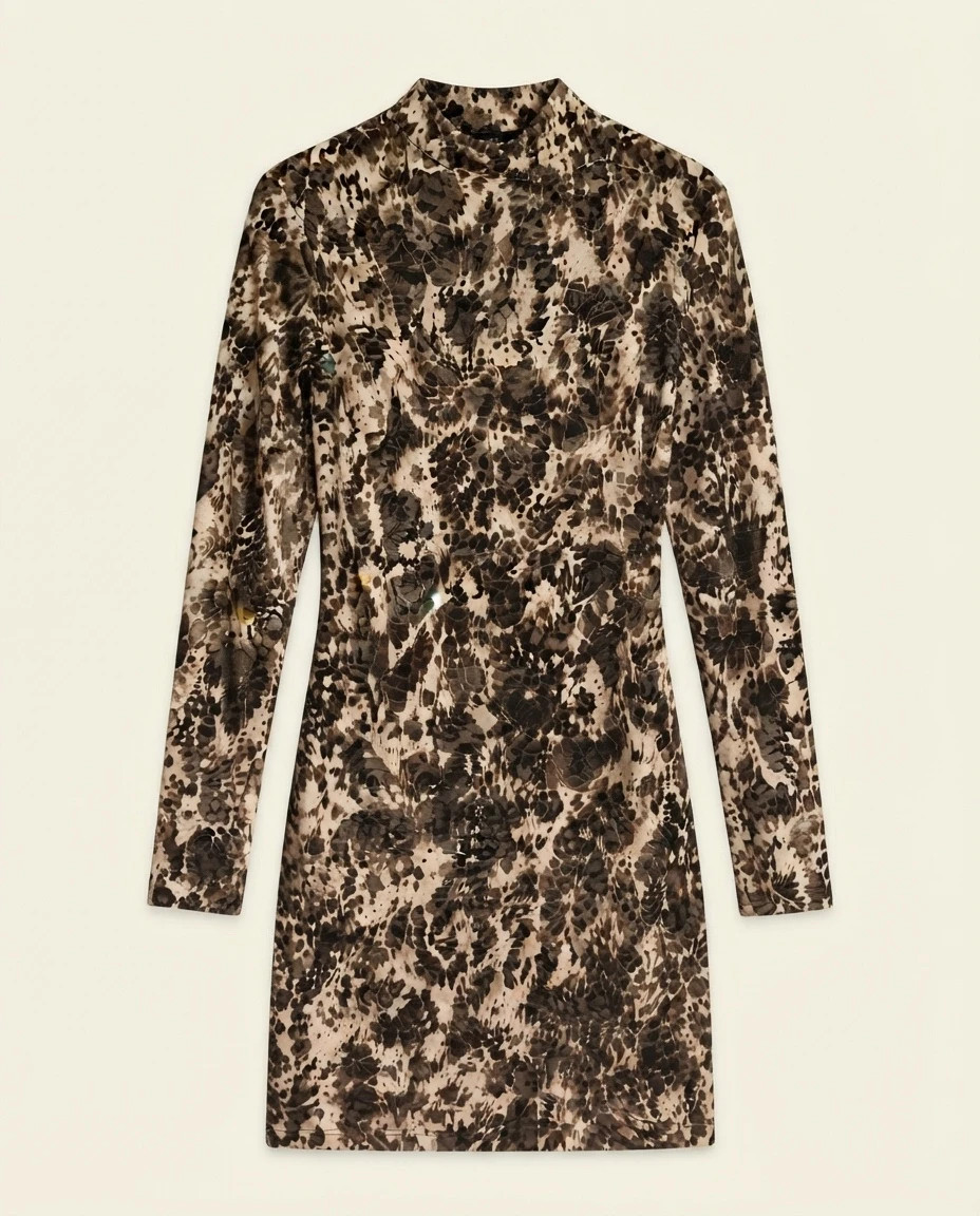 Robe moulante imprimé abstrait marron beige M lot49