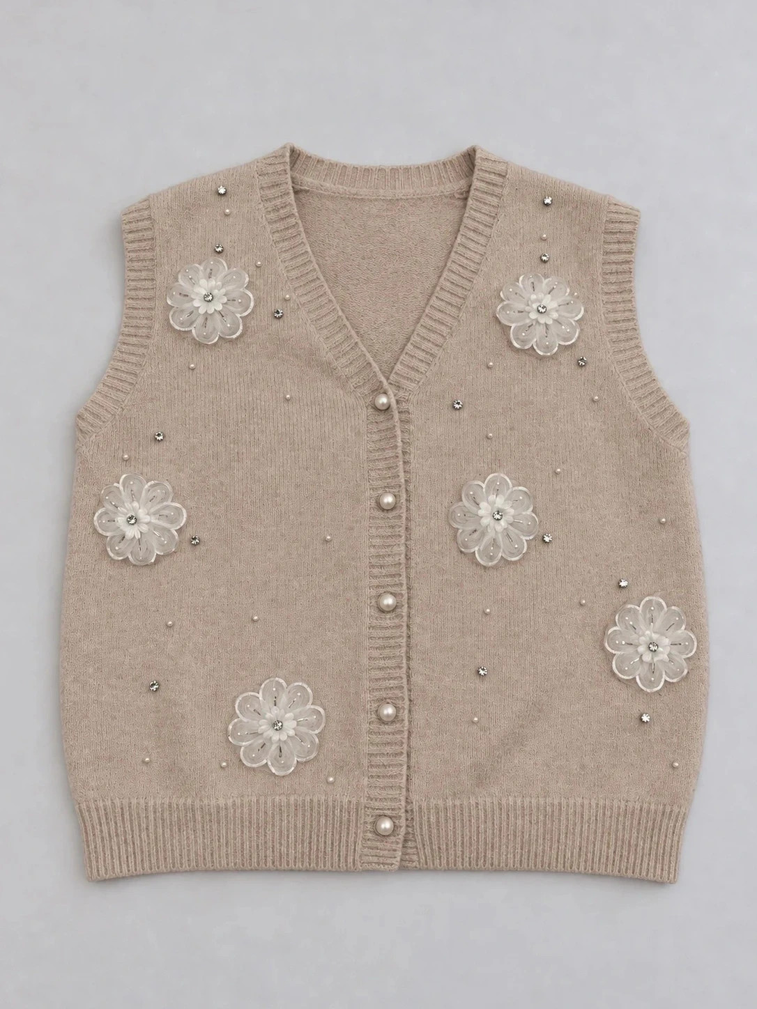 Gilet sans manches beige perles et fleurs XS lot476