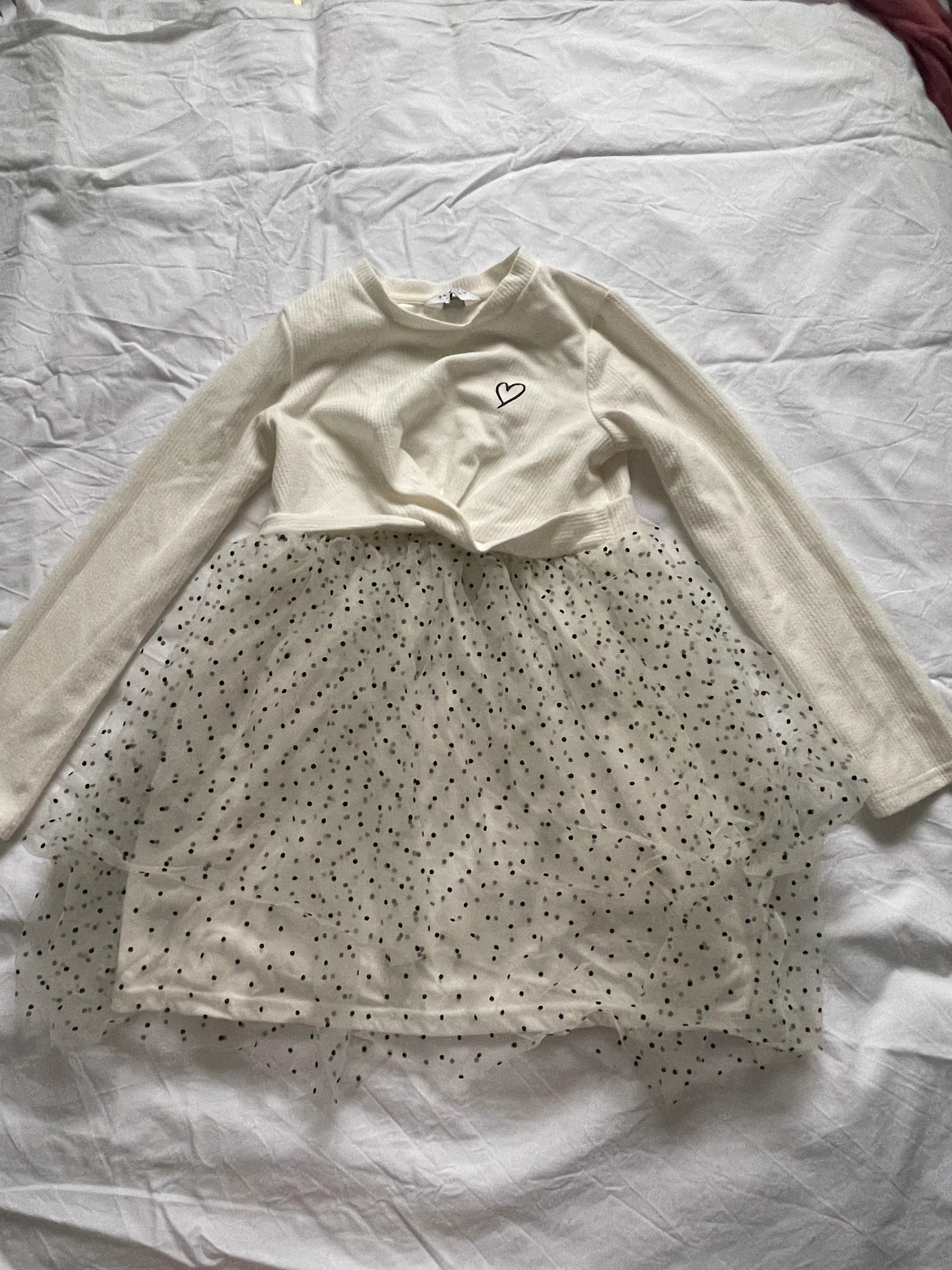 Robe de soirée pour fille, manches longues, couleur blanche à pois noirs, taille 6 ans