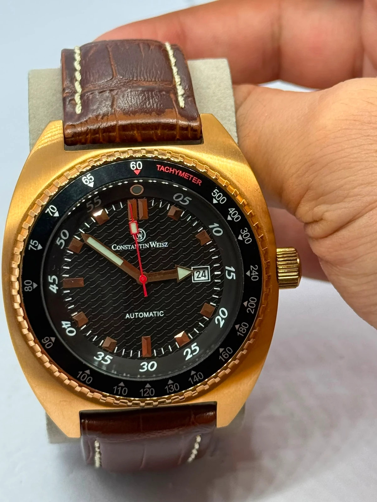 Montre automatique Constantin Weisz /Boîtier dorée & Bracelet cuir marron (Très bon état) – Constantin Weisz – taille 43–46 mm 2