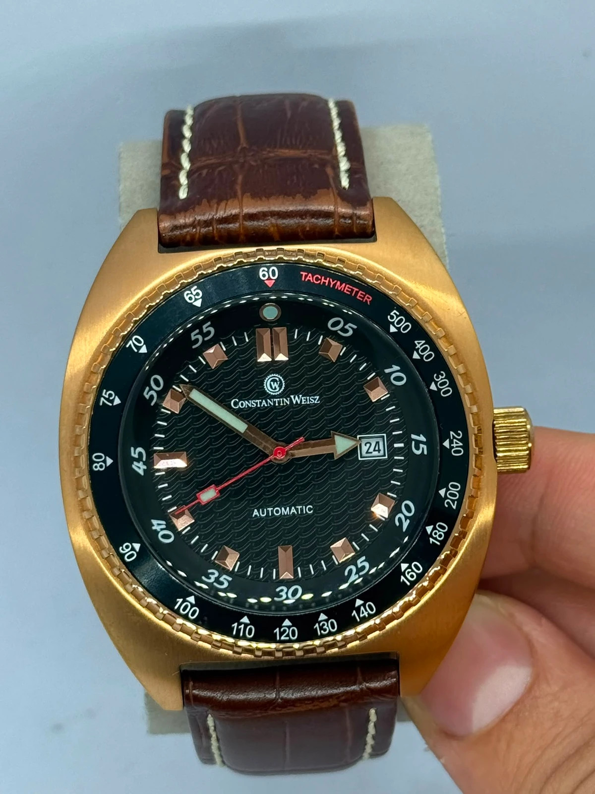 Montre automatique Constantin Weisz /Boîtier dorée & Bracelet cuir marron (Très bon état) – Constantin Weisz – taille 43–46 mm 3