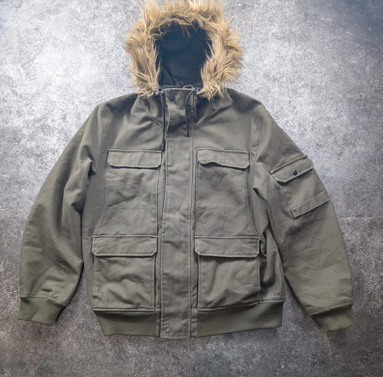 L.O.G.G. H&M veste workwear utility L kaki toile épaisse doublée capuche fourrure – WORKWEAR – taille L 2