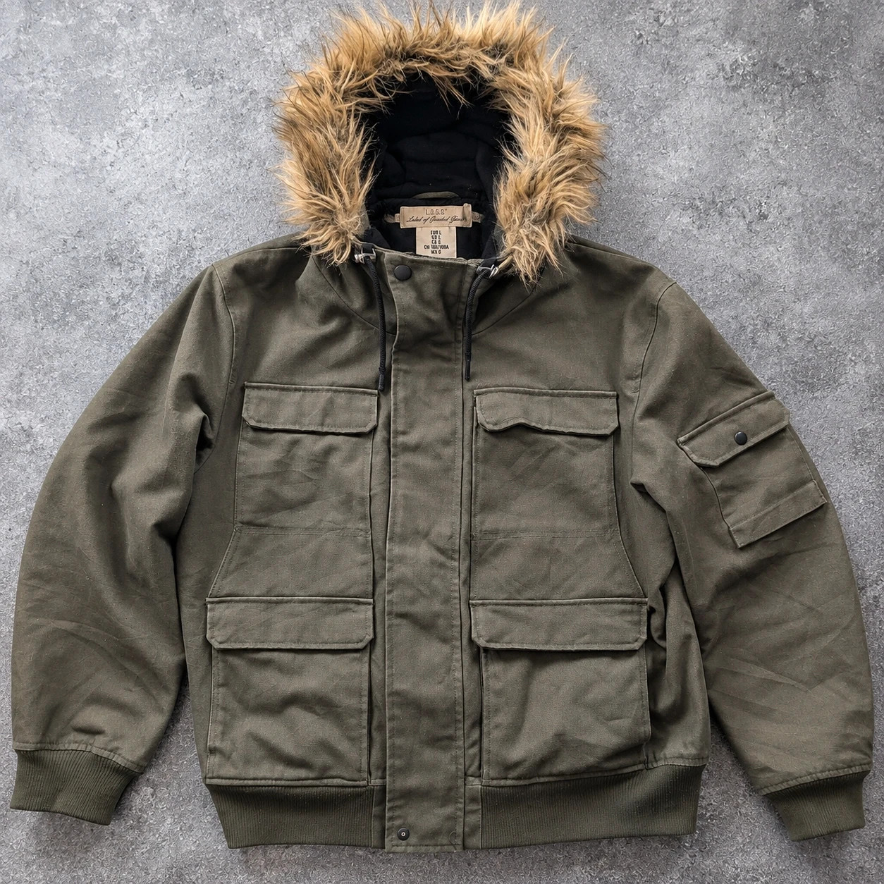 L.O.G.G. H&M veste workwear utility L kaki toile épaisse doublée capuche fourrure – WORKWEAR – taille L