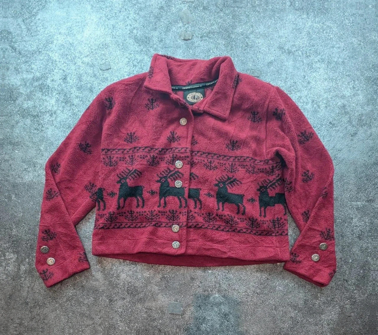County Clothing Co veste polaire vintage renne nordique bordeaux cropped Made in Canada L – Vintage Dressing – taille L / 40 / 12 2