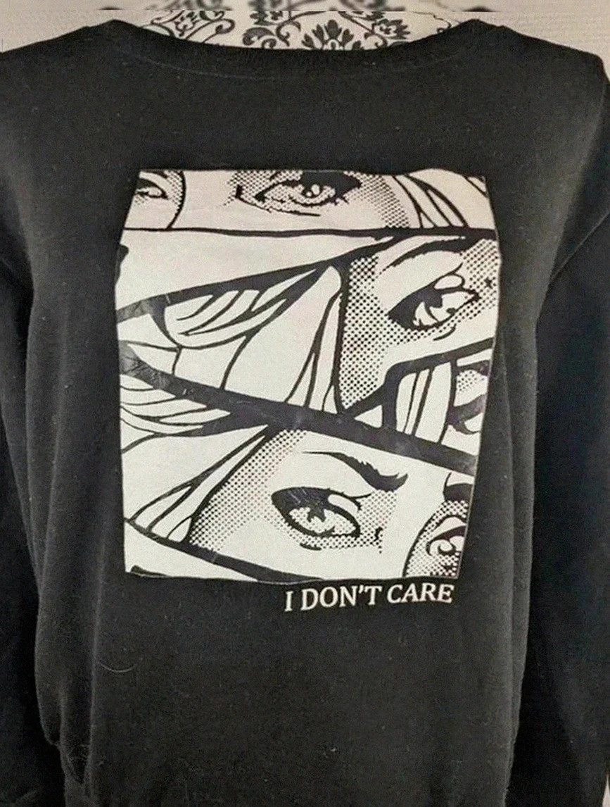 Sweat noir imprimé graphique “I don’t care” taille M vintage dressing imprimé artistique Pop art – Vintage Dressing – taille M / 38 / 10 2