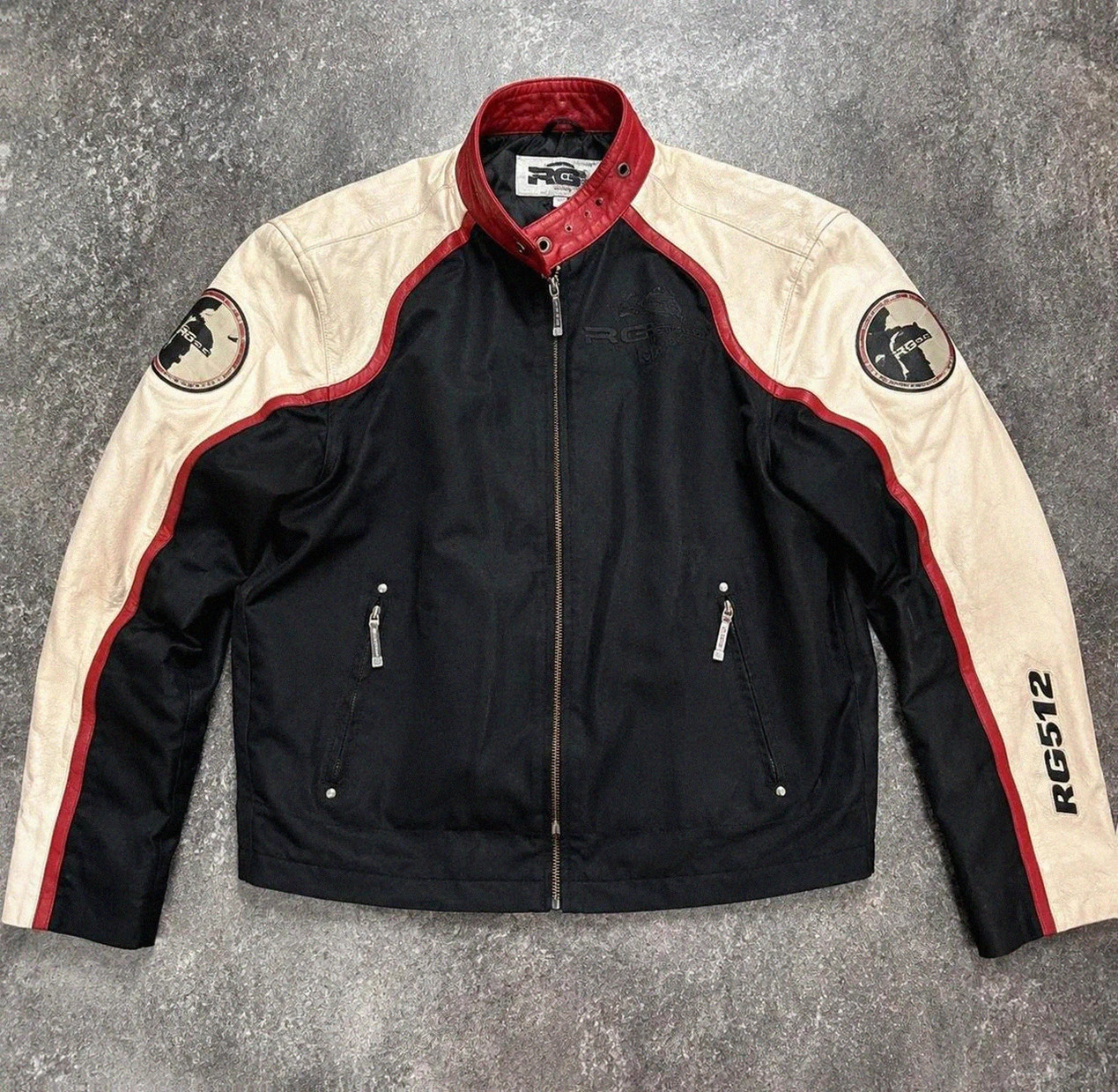 Veste biker moto racing RG512 cuir véritable Y2K noir rouge crème taille L