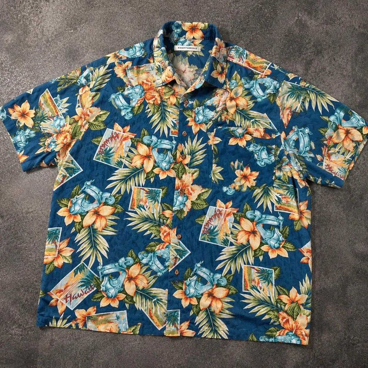 Chemise hawaïenne Hawaii rayon vintage bleu marine fleurs tropicales scooter L Knightsbridge – Knightsbridge – taille L