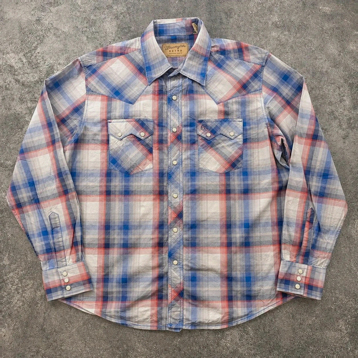 Chemise Wrangler Retro Western XL Cowboy Pearl Snap à carreaux Americana
