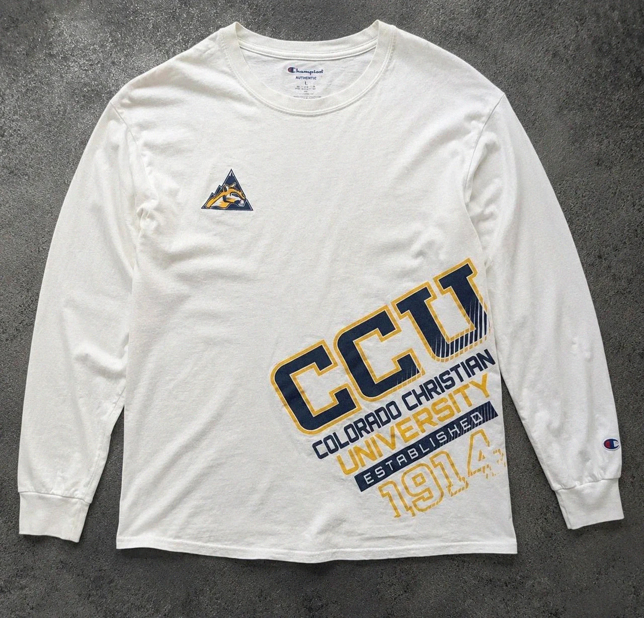T-shirt manches longues Champion university college baseball Usa Xl blanc bleu jaune