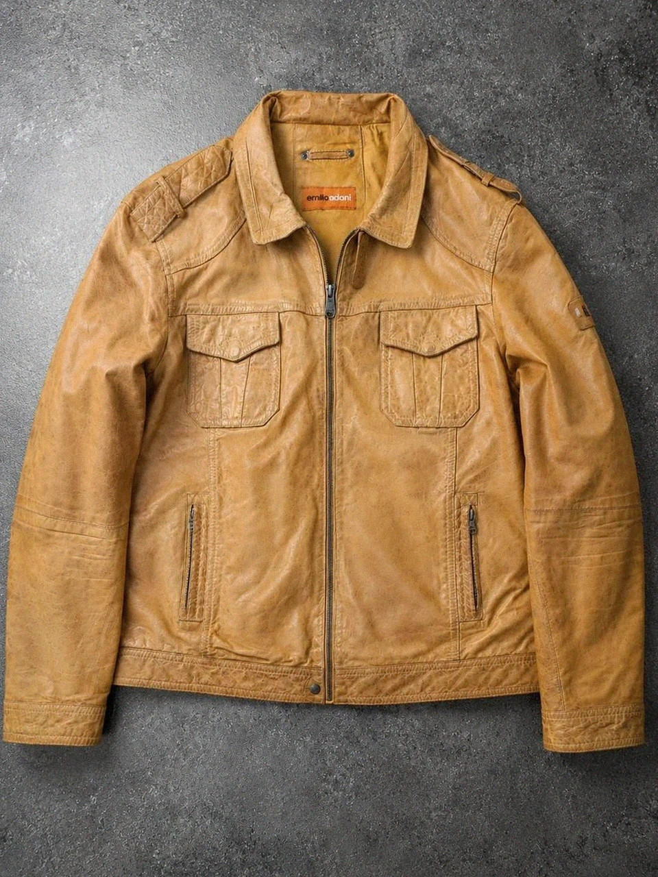 Emilio Adani veste cuir d’agneau Lamb Nappa T56 Xxl cognac biker moto vintage