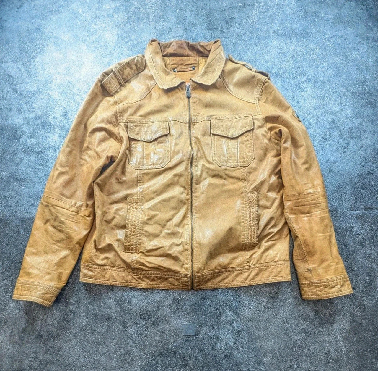 Emilio Adani veste cuir d’agneau Lamb Nappa T56 Xxl cognac biker moto vintage – Emilio Adani – taille XXL 2