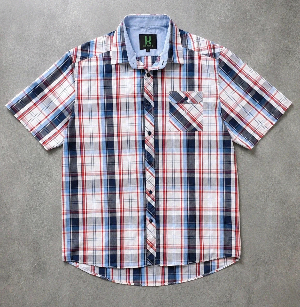 Chemise Kamaté 2XL Homme Carreaux Bleu Rouge Blanc 100 % Coton Manches Courtes Casual Vintage – Vintage Dressing – taille XXL