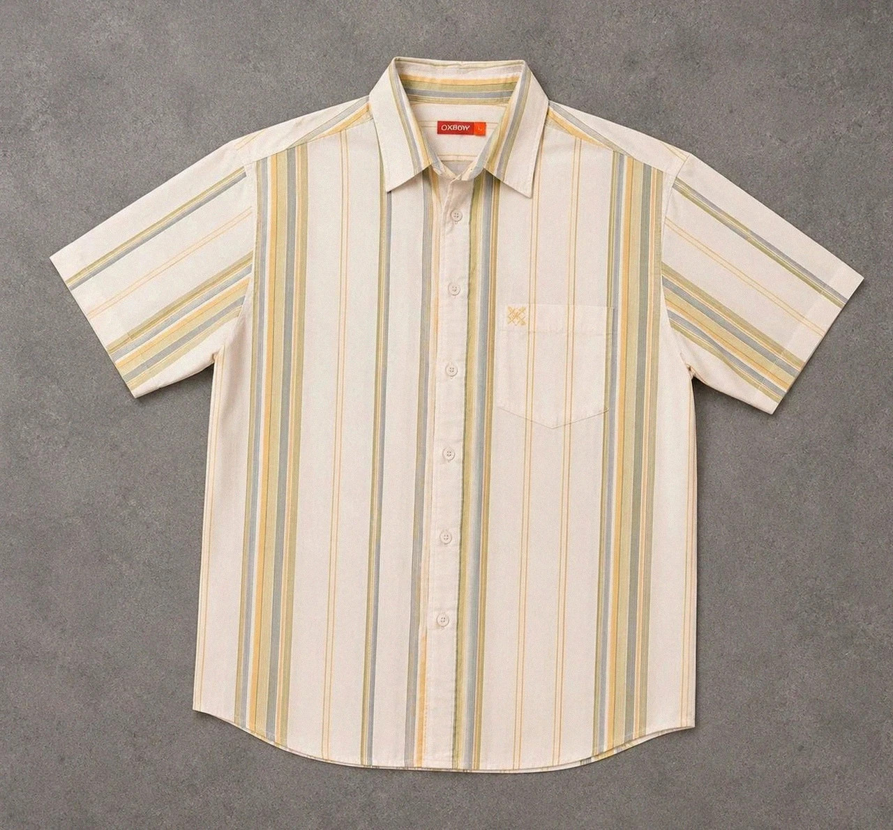 Chemise Oxbow L Rayée Beige Vert Homme 100 % Coton Manches Courtes Casual Surf Vintage