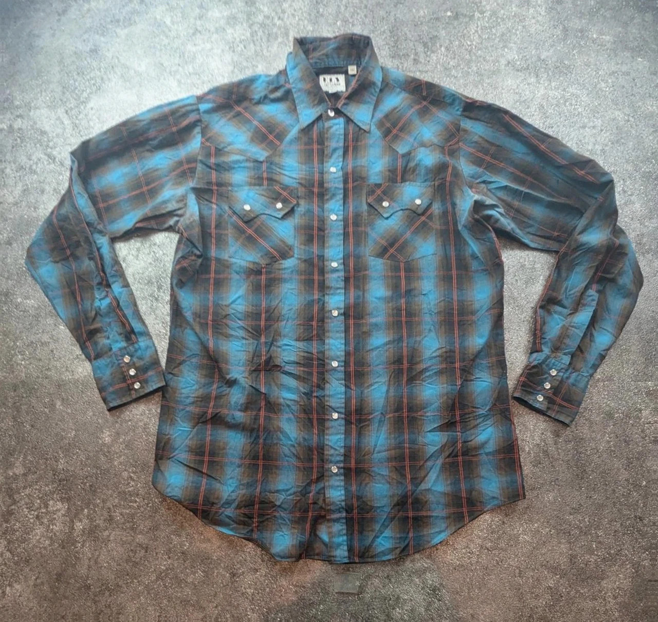 Ely Cattleman chemise western cowboy ranch country carreaux bleu noir boutons pression L – Vintage Dressing – taille L 2