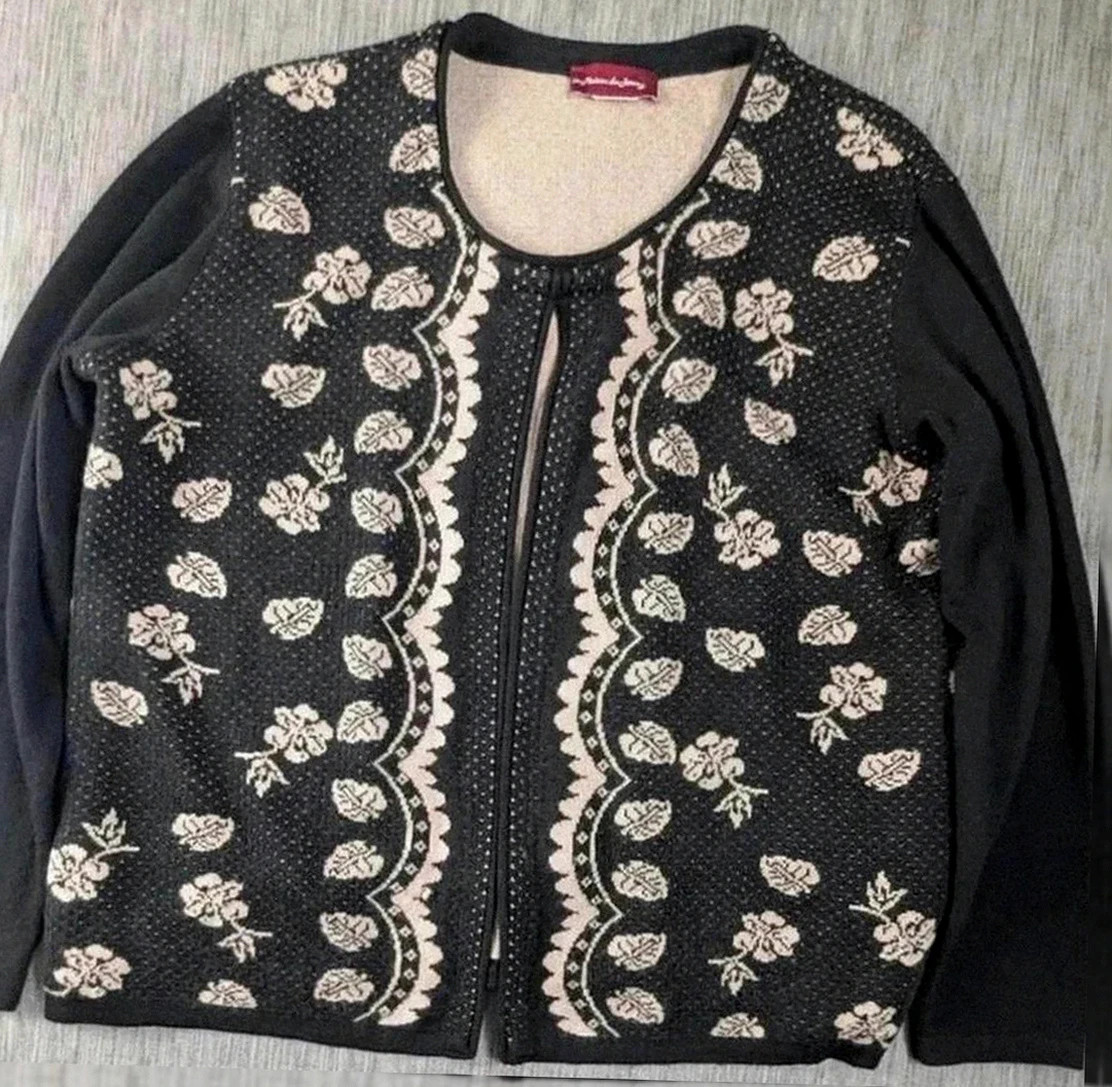 Gilet zippé noir à motifs fleuris – La Maison du Jersey – Taille L/XL (approx.)