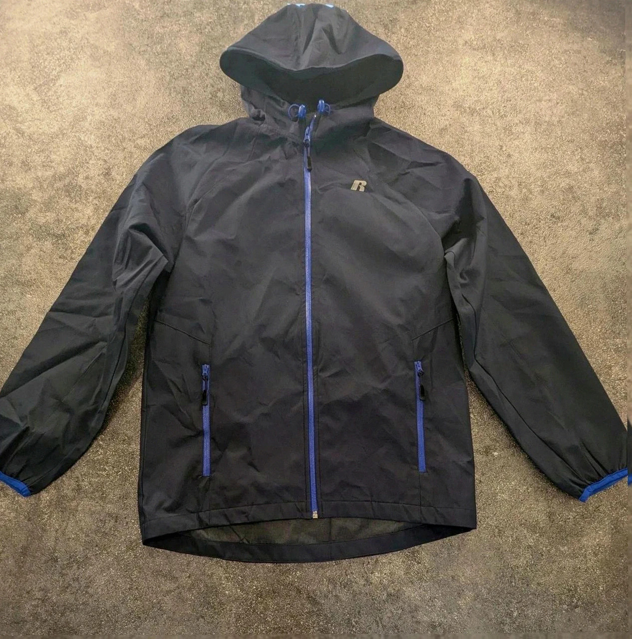 Veste coupe vent Russell Athletic noir bleu capuche lightweight S outdoor gorpcore