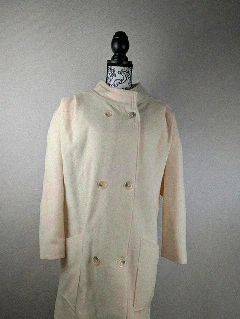 Manteau long en laine écru vintage style britannique élégant doublé chaud hiver vintage dressing – Vintage Dressing – taille XXL / 44 / 16