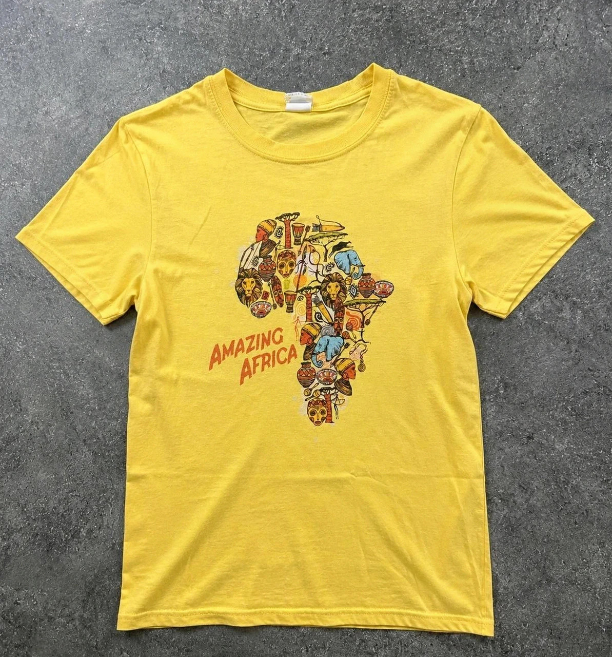 T-shirt Amazing Africa jaune safari ethnique art tribal coton S vintage summer