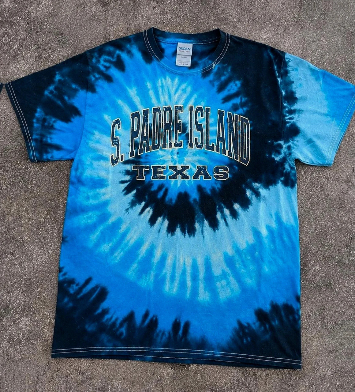 T-shirt vintage bleu Y2K S. Padre Island Texas tie dye spiral L
