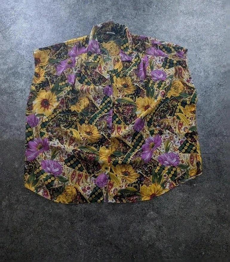 Chemise canda vintage fleurs baroque colorée rétro L
