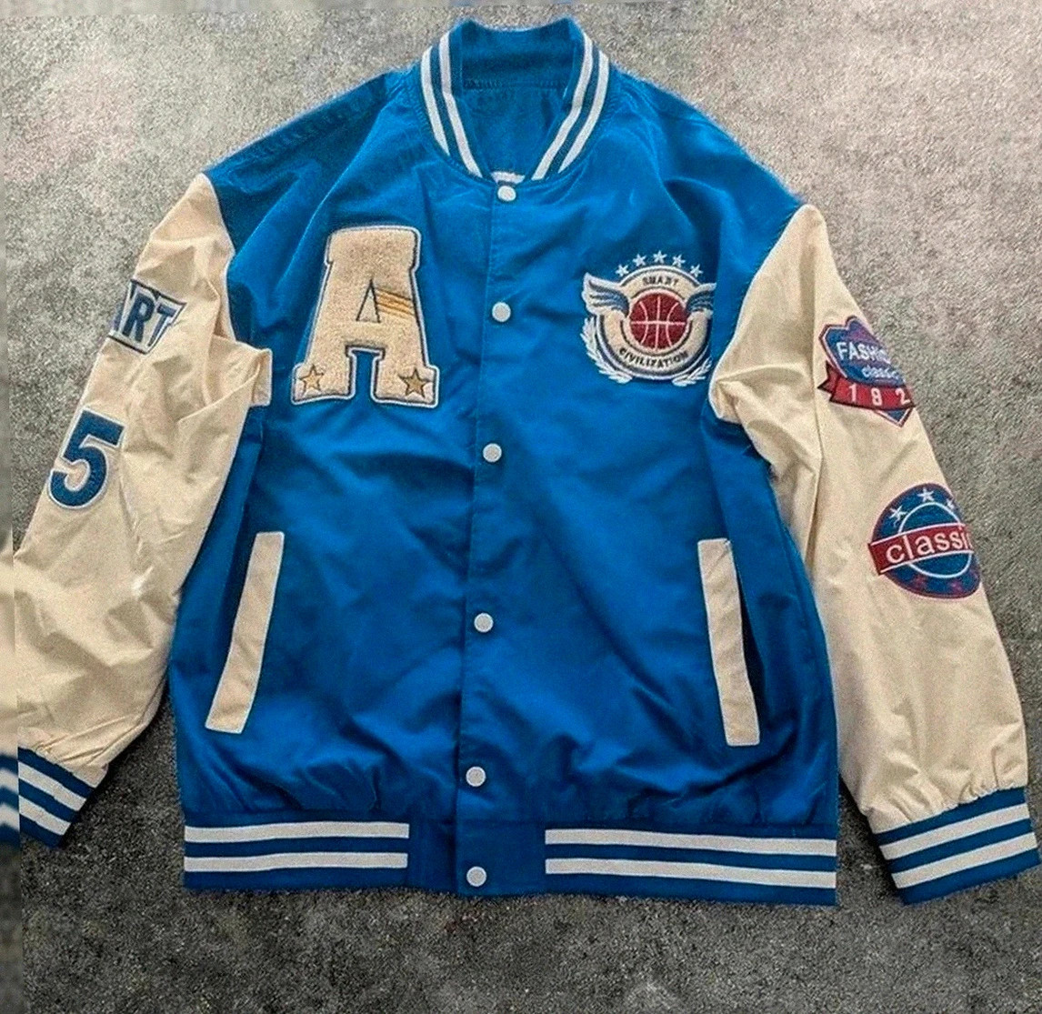 Veste college varsity bleu blanc vintage coupe oversize – Varsity – taille L