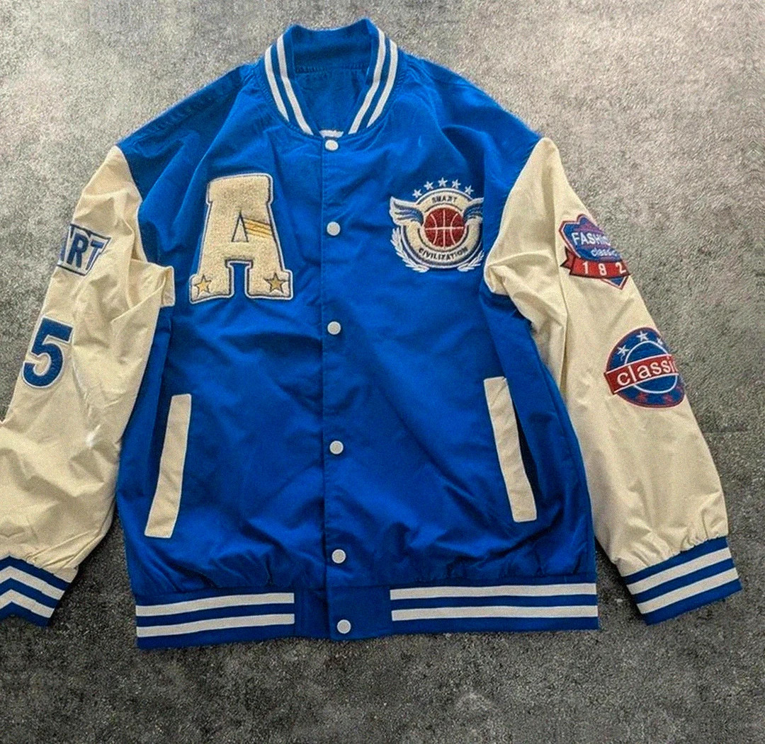 Veste college varsity bleu blanc vintage coupe oversize