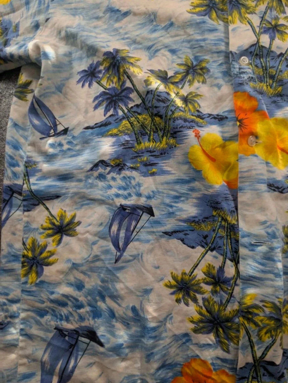 Chemise hawaïenne vintage fleurs hibiscus palmiers surfwear beachwear bleu S/M vintage dressing – Vintage Dressing – taille S 3