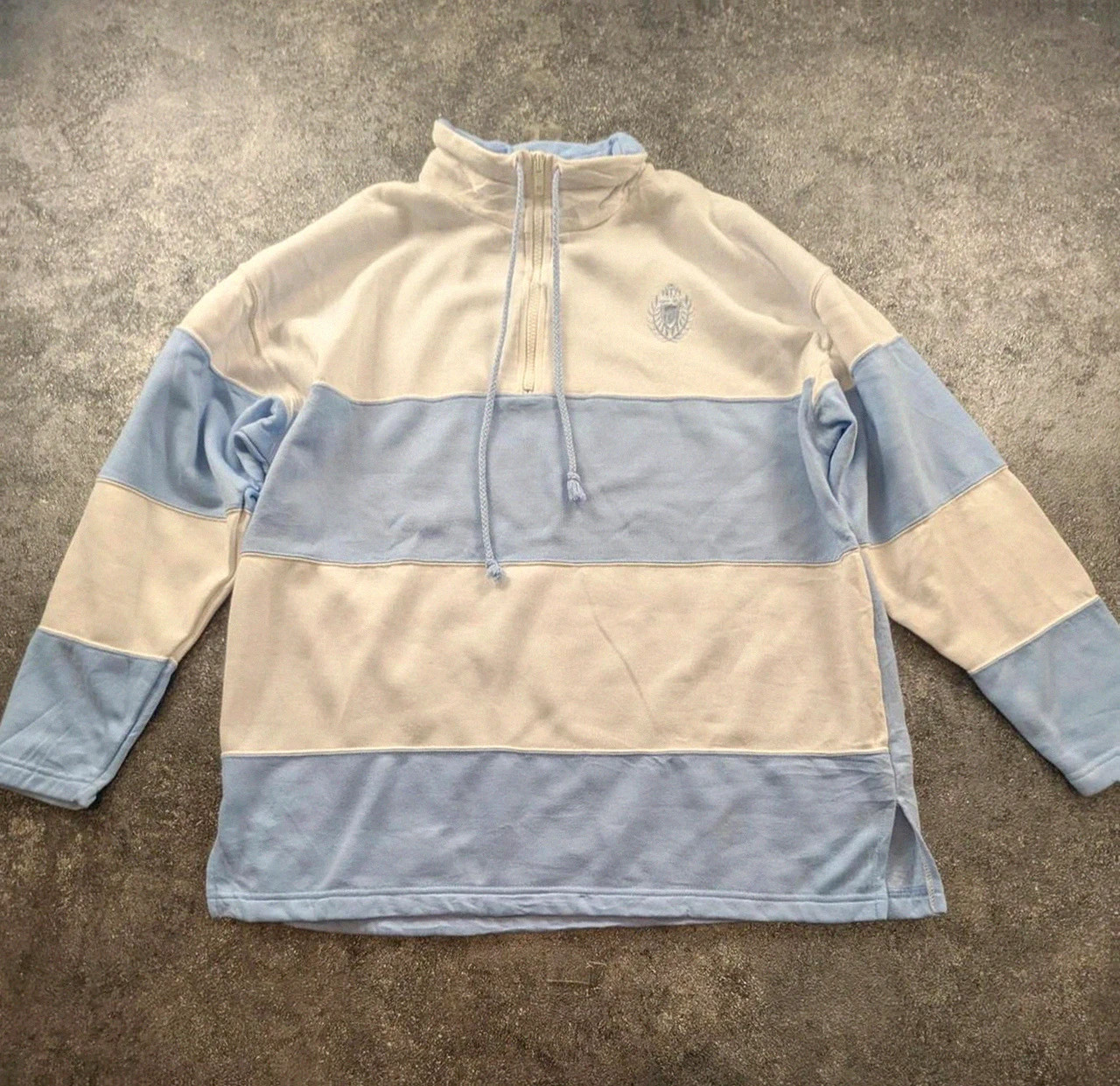 Sweat col zippé Jaclyn Smith L beige bleu vintage preppy old money