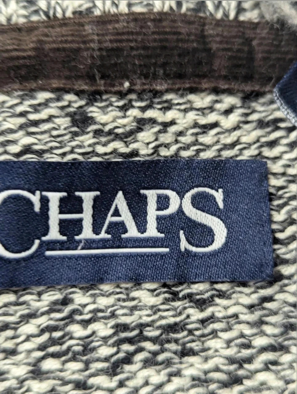 Pull Vintage CHAPS 100% Coton L Chiné Marron Col Boutonné Coudières Preppy – CHAPS – taille L 5