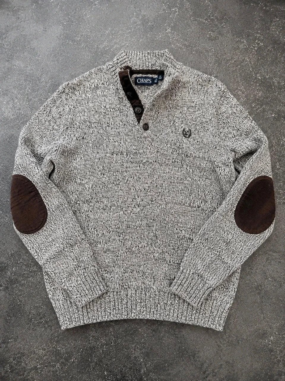 Pull Vintage CHAPS 100% Coton L Chiné Marron Col Boutonné Coudières Preppy