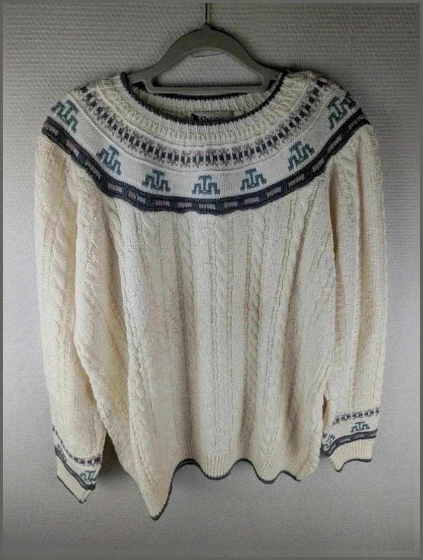 Pull Stéréo écru motif jacquard nordique col rond maille torsadée – taille Lvintage dressing – Vintage Dressing – taille L / 40 / 12
