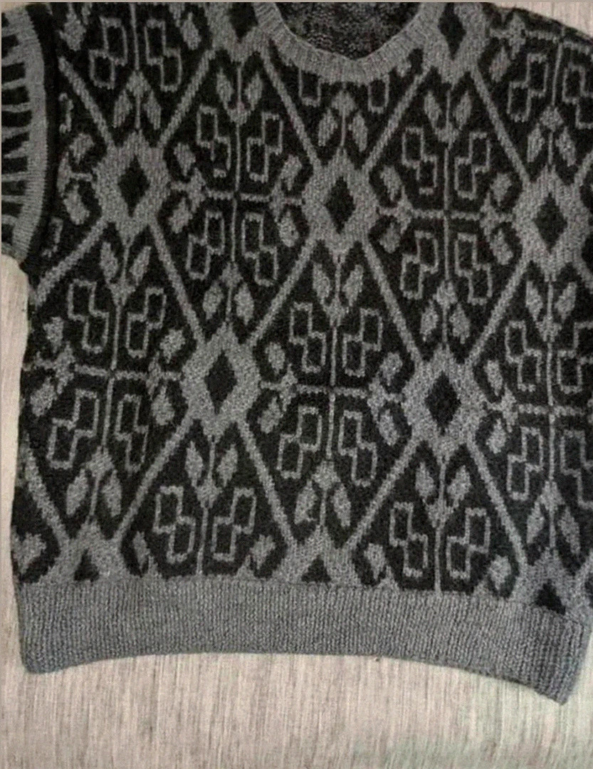 Pull fait main vintage – Motif jacquard – Noir & Gris – XL/XXL – Fait Main – taille XL 2