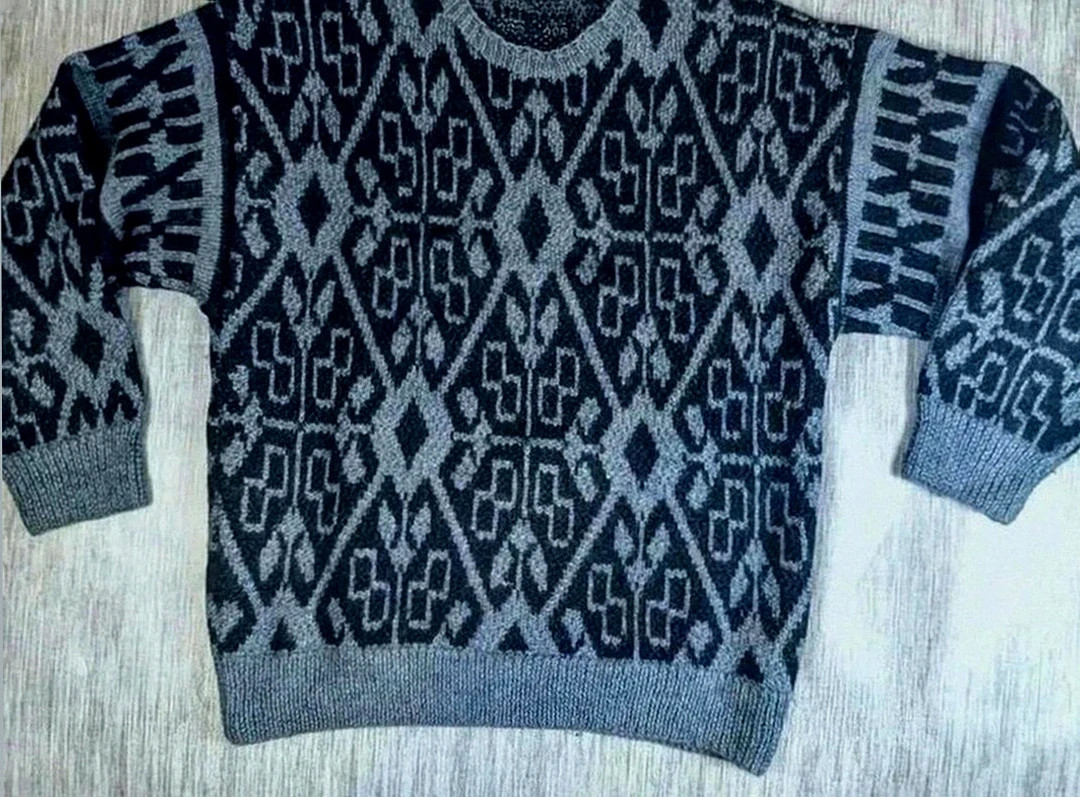 Pull fait main vintage – Motif jacquard – Noir & Gris – XL/XXL