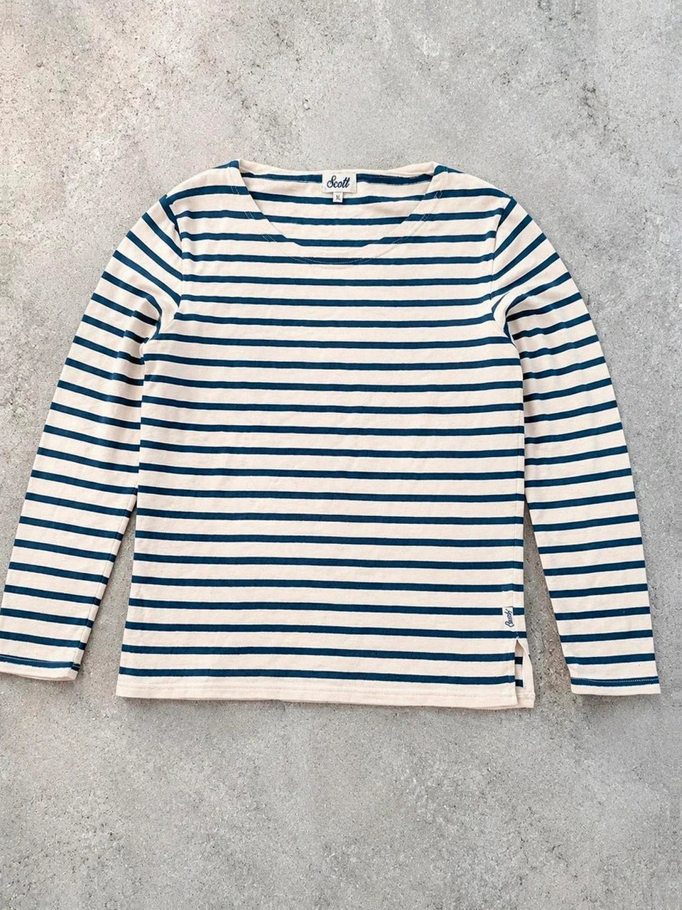 Scott marinière rayée bleu marine écru XL ajusté / L – style marin breton