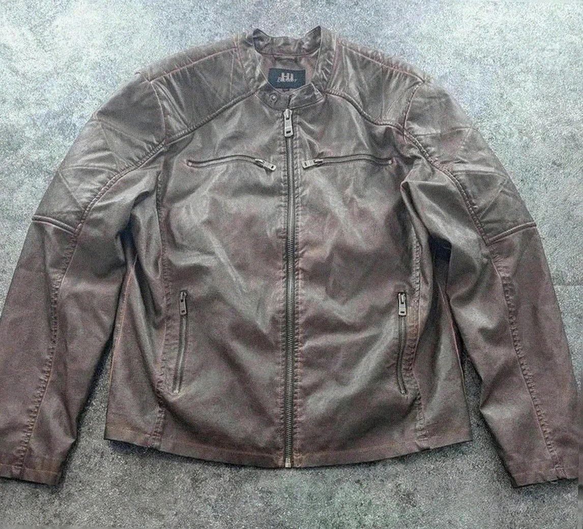 Blouson biker Hi Buxter marron simili cuir taille 54 look vintage dressing casual streetwear