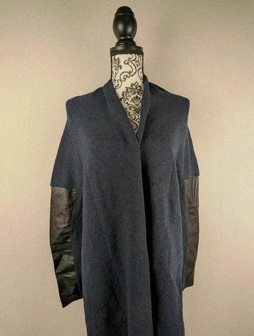 Manteau Maje taille 1 laine et cuir d’agneau bleu foncé élégant hiver luxe