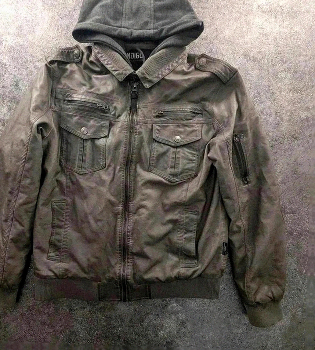 Blouson Indigo style biker en similicuir gris capuche amovible Xxl vintage look streetwear urbain