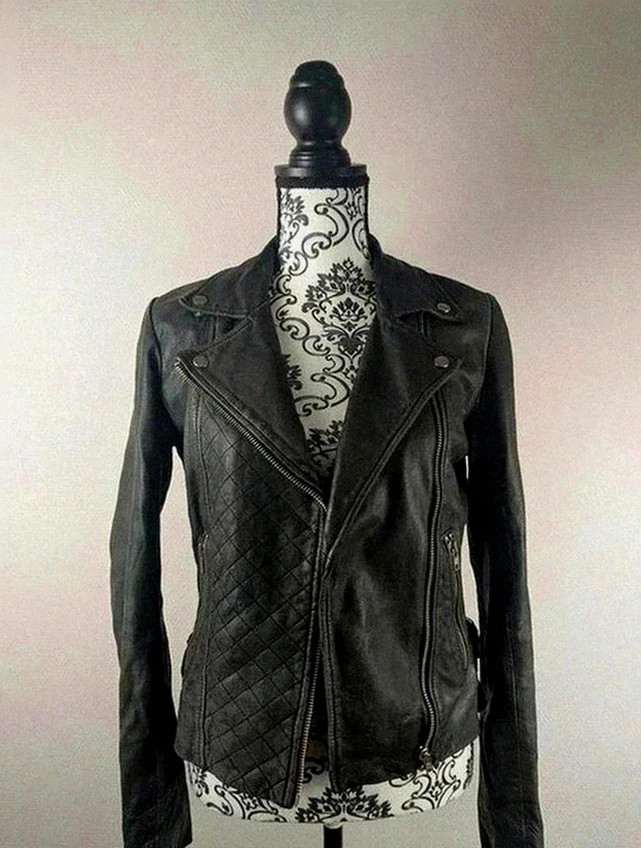 Perfecto biker en cuir d'agneau Maje noir matelassé taille 36, coupe rock chic intemporelle