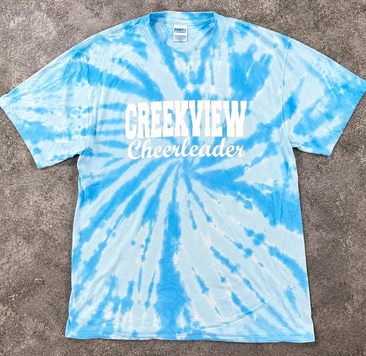 T-shirt bleu tie dye Creekview Cheerleader vintage Y2K Tag Athletics spiral L