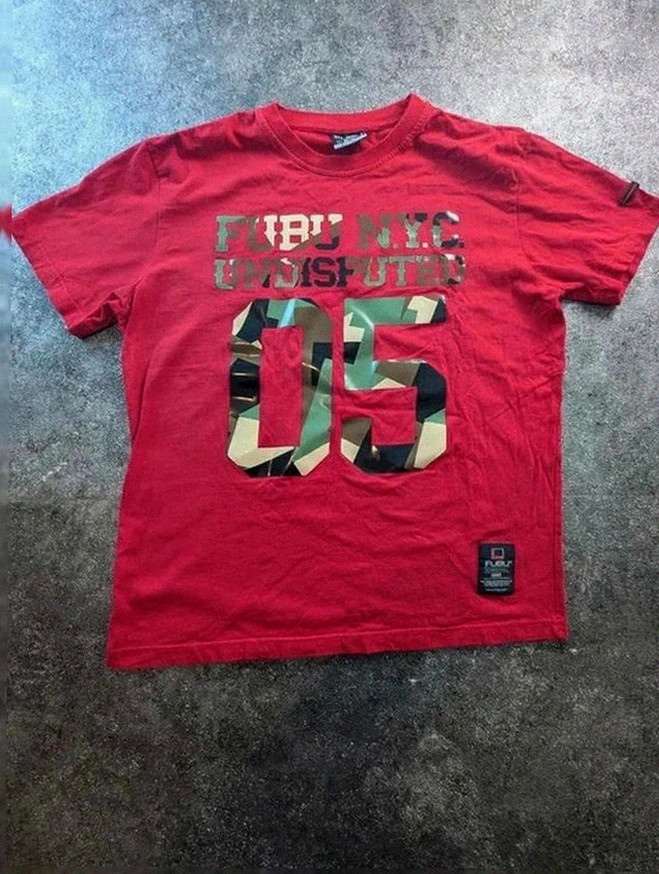 T-shirt Fubu Nyc Undisputed 05 logo big print streetwear hip hop Us Y2K vintage imprimé Camo
