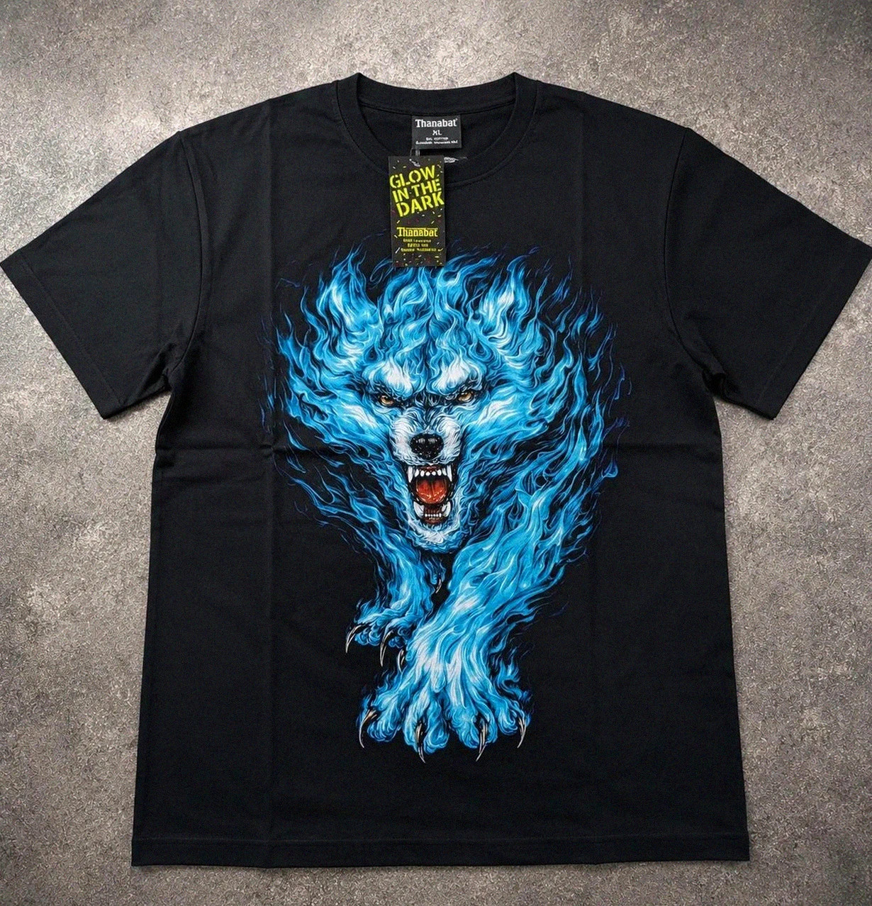 T-shirt Thanabat Loup Flamme Glow In The Dark Noir Xl 100% Coton Neuf – Vintage Dressing – taille XL