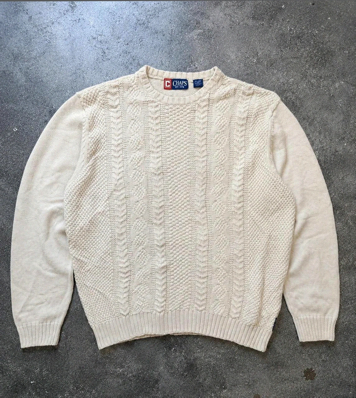Pull Écru Vintage Chaps Torsadé Cable Knit Crewneck 100% Coton Preppy Taille L