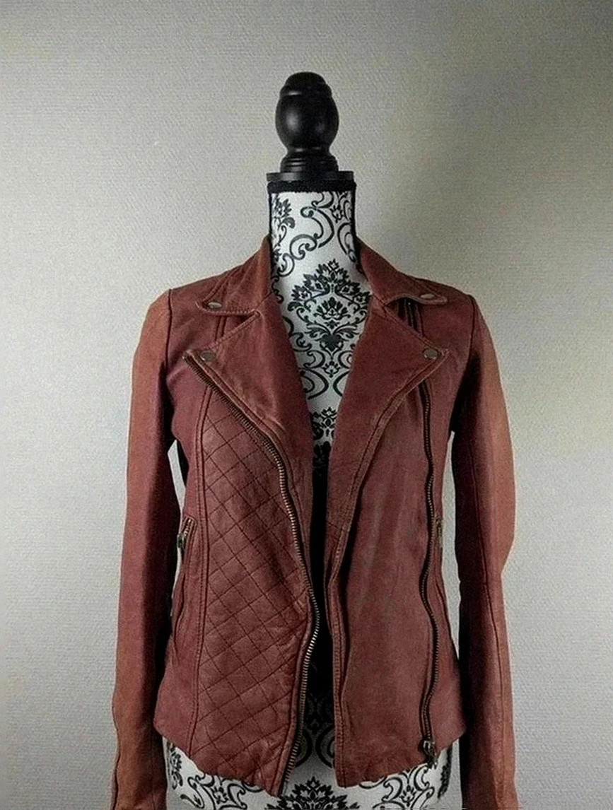 Perfecto biker en cuir d'agneau Maje bordeaux patiné taille 36, style rock chic intemporel