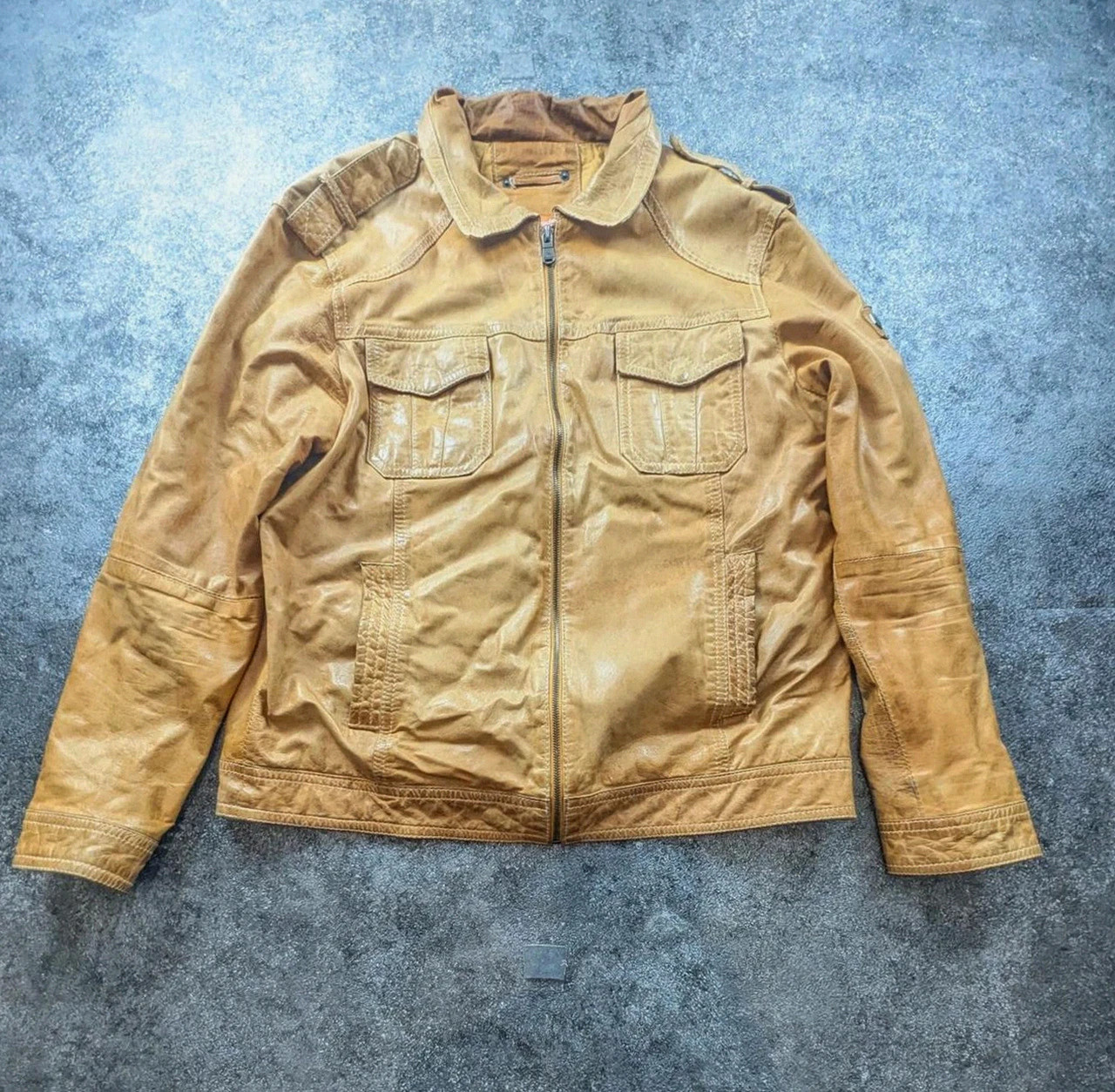 Emilio Adani veste cuir d’agneau Lamb Nappa T56 Xxl cognac biker moto vintage – Emilio Adani – taille XXL 2