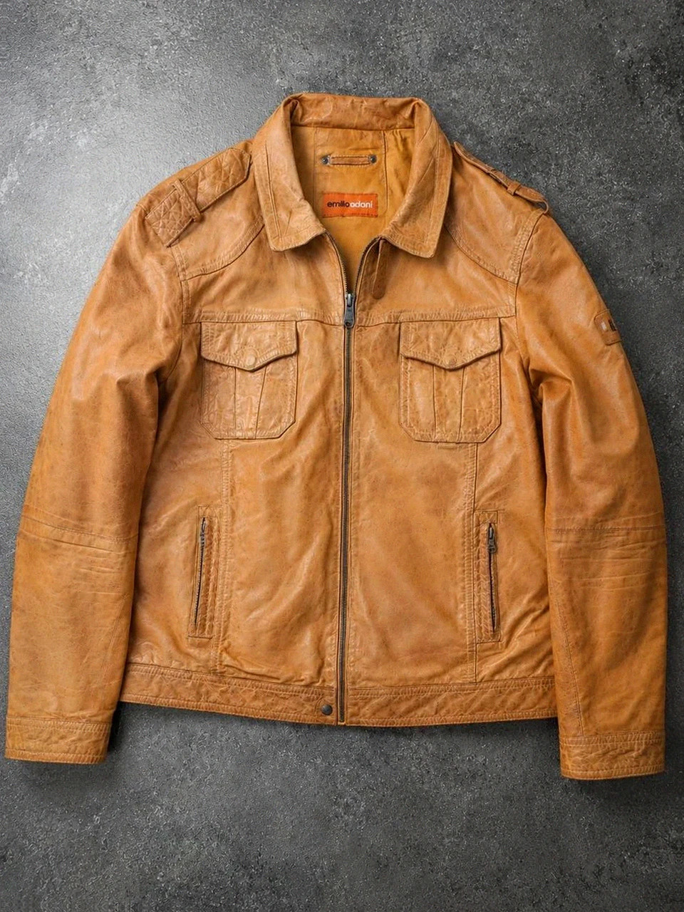 Emilio Adani veste cuir d’agneau Lamb Nappa T56 Xxl cognac biker moto vintage