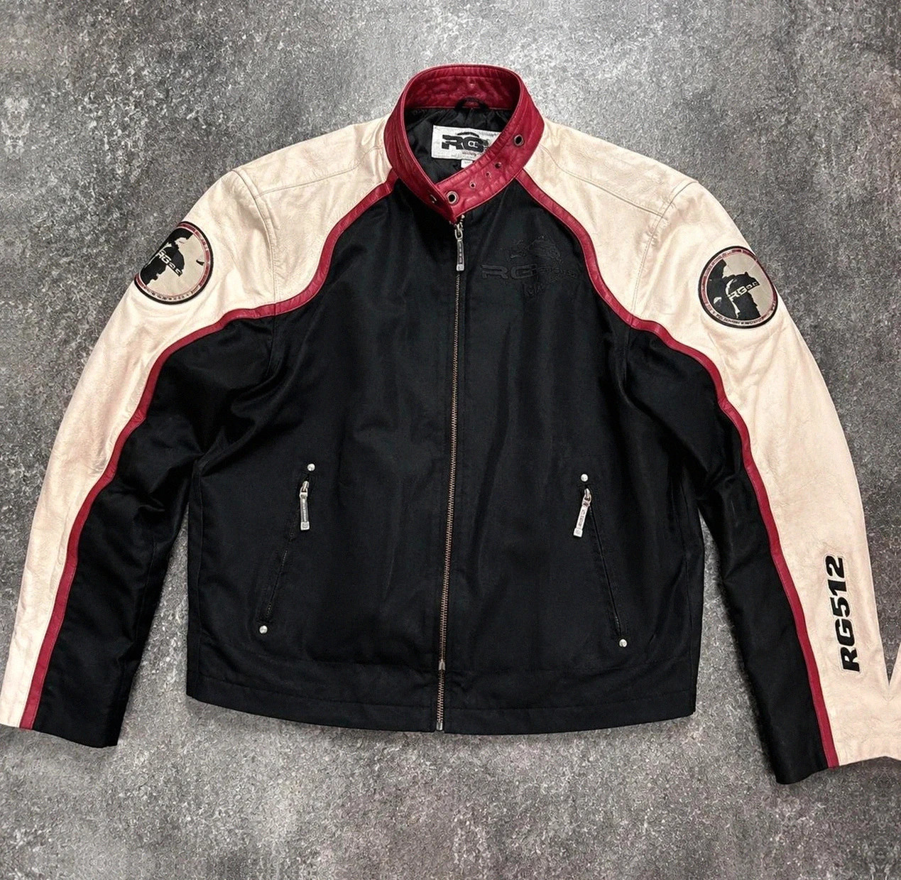 Veste biker moto racing RG512 cuir véritable Y2K noir rouge crème taille L