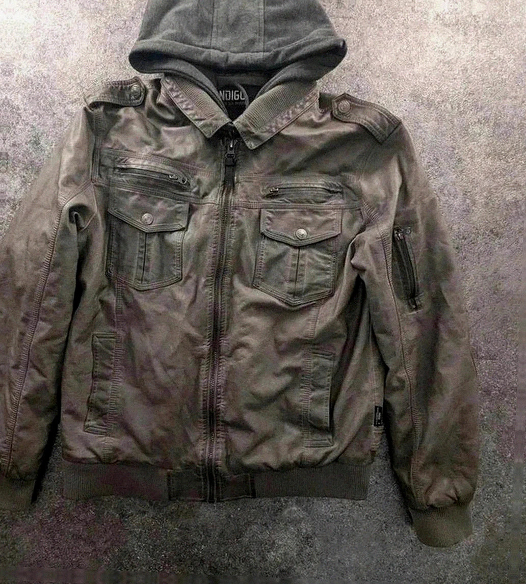 Blouson Indigo style biker en similicuir gris capuche amovible Xxl vintage look streetwear urbain
