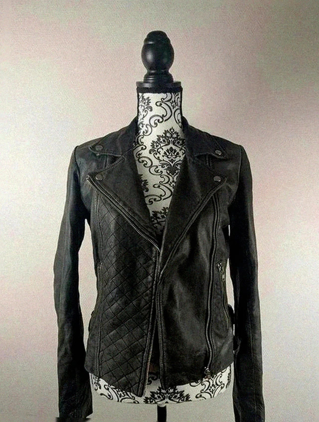 Perfecto biker en cuir d'agneau Maje noir matelassé taille 36, coupe rock chic intemporelle