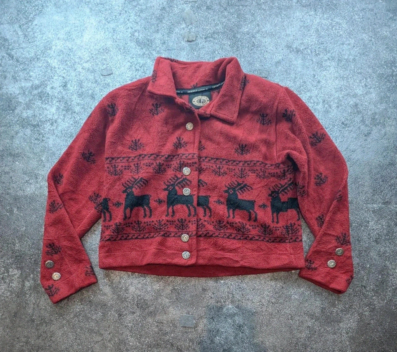 County Clothing Co veste polaire vintage renne nordique bordeaux cropped Made in Canada L – Vintage Dressing – taille L / 40 / 12 2