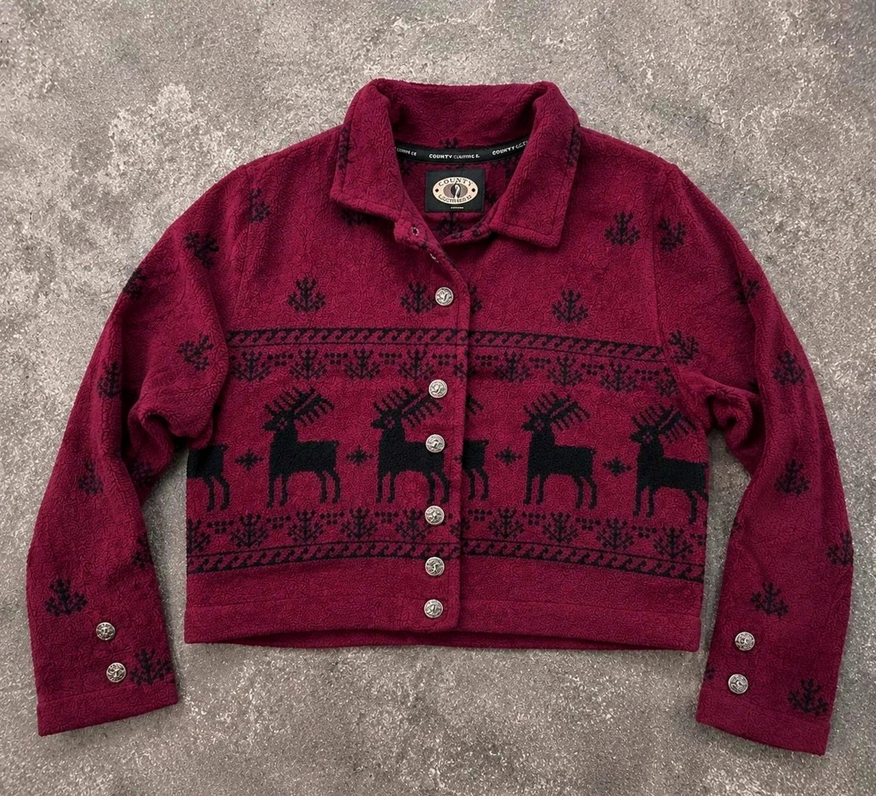 County Clothing Co veste polaire vintage renne nordique bordeaux cropped Made in Canada L – Vintage Dressing – taille L / 40 / 12